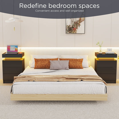 Comodino Lucido con 2/3 Cassetti, Comodino LED e Moderno Scrivania, Tavolino Laterale con Illuminazione LED a 16 Colori per Soggiorno, 45X35X55Cm / 45X35X67Cm, Bianco/Nero