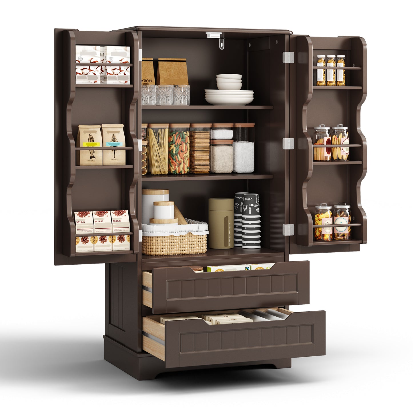 Credenza pensile per cucina - Mobiletto a pavimento con 2 cassetti e 2 ante - 60x40x120cm - Armadi da cucina bianchi