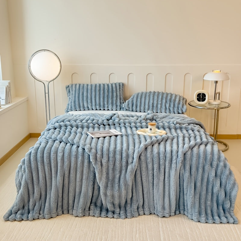 Coperta 1 pz in finta pelliccia di coniglio adatta a tutte le stagioni - Copriletto termico reversibile a righe, morbido e accogliente plaid di coniglio per ufficio, campeggio - Coperta multiuso da regalo