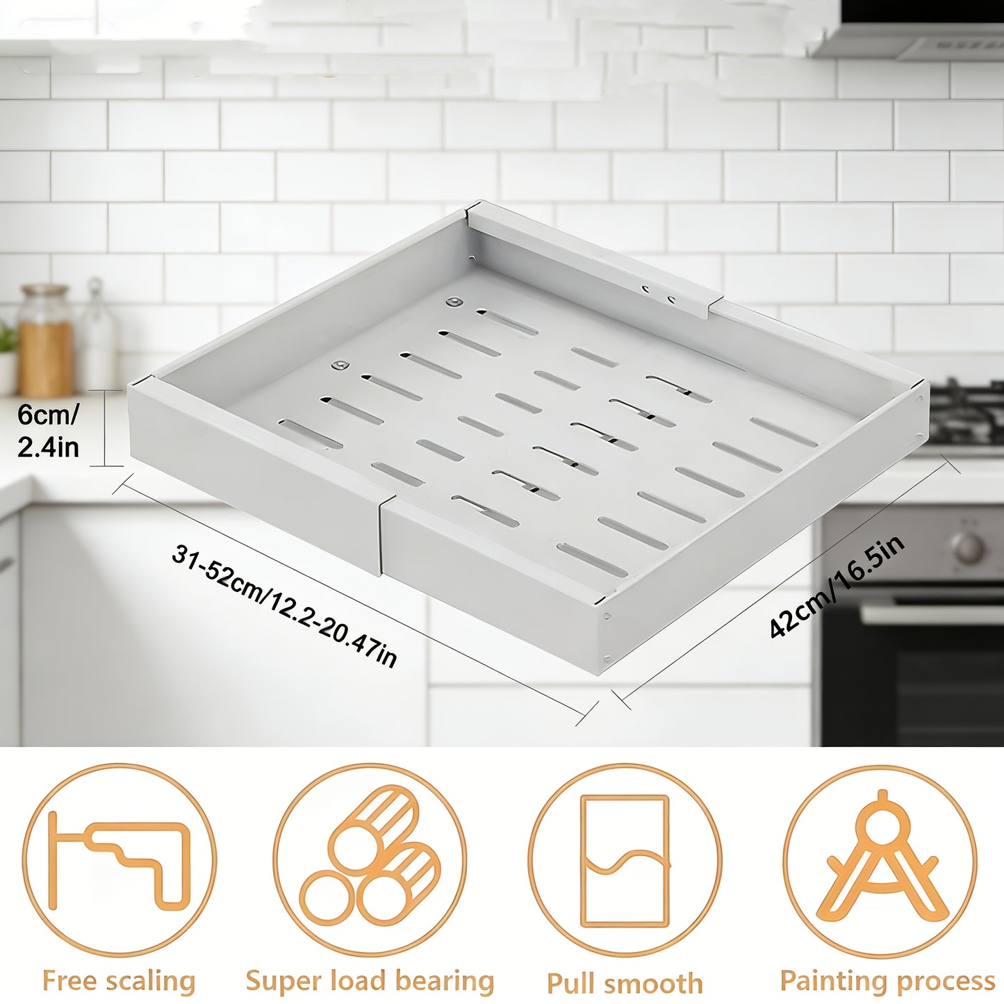 Organizzatore per pensili estraibile espandibile per carichi pesanti, con 3 guide silenziose, larghezza regolabile (30,99 cm-51,99 cm), adatto per pensili da cucina, ripiani estraibili per pensili