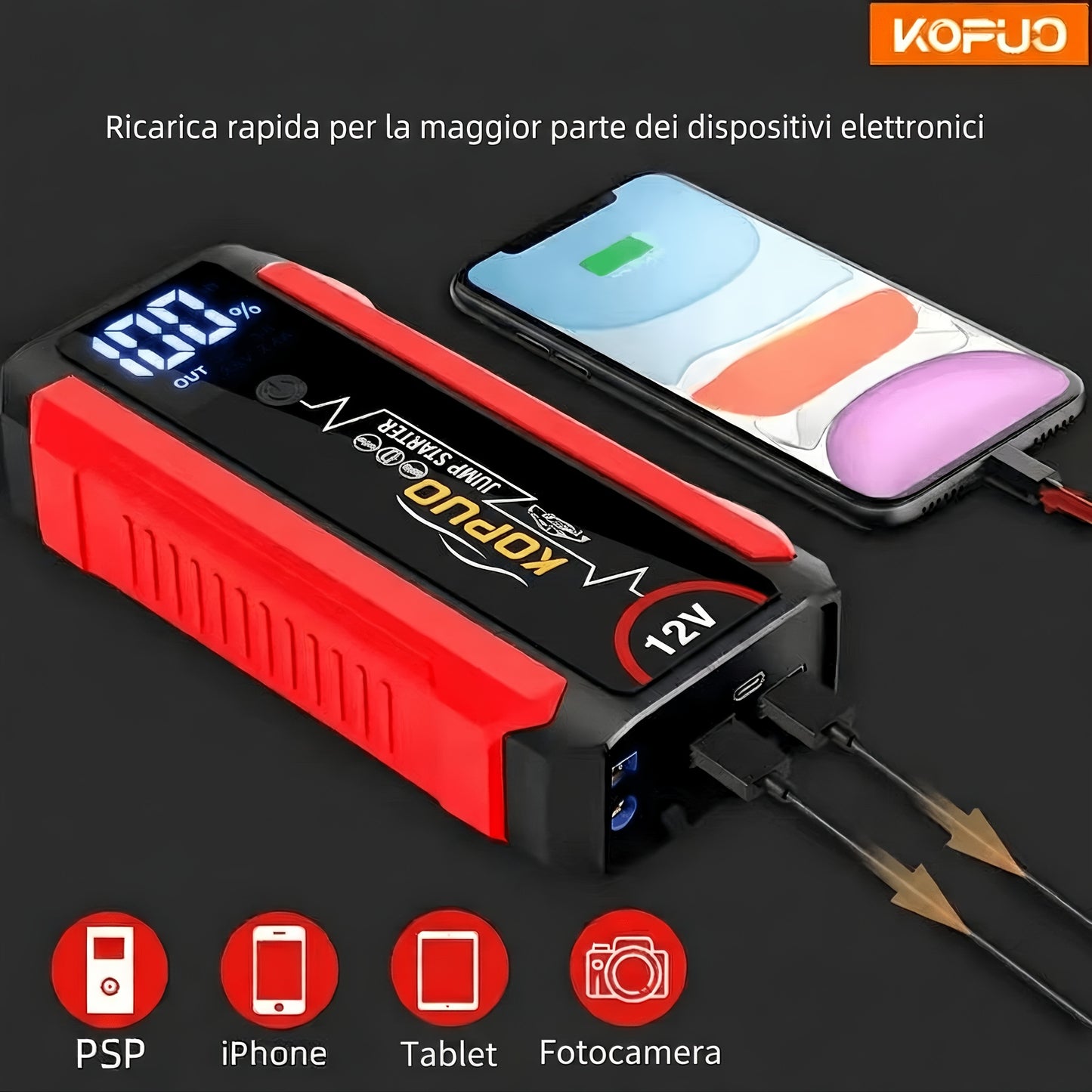 Avviatore di emergenza per auto KOPUO 6000A Peak 12V con display LCD e ricarica rapida, booster di batteria portatile per motori a benzina da 8,0L/diesel da 7,5L, kit di emergenza con torcia stroboscopica LED SOS per veicoli