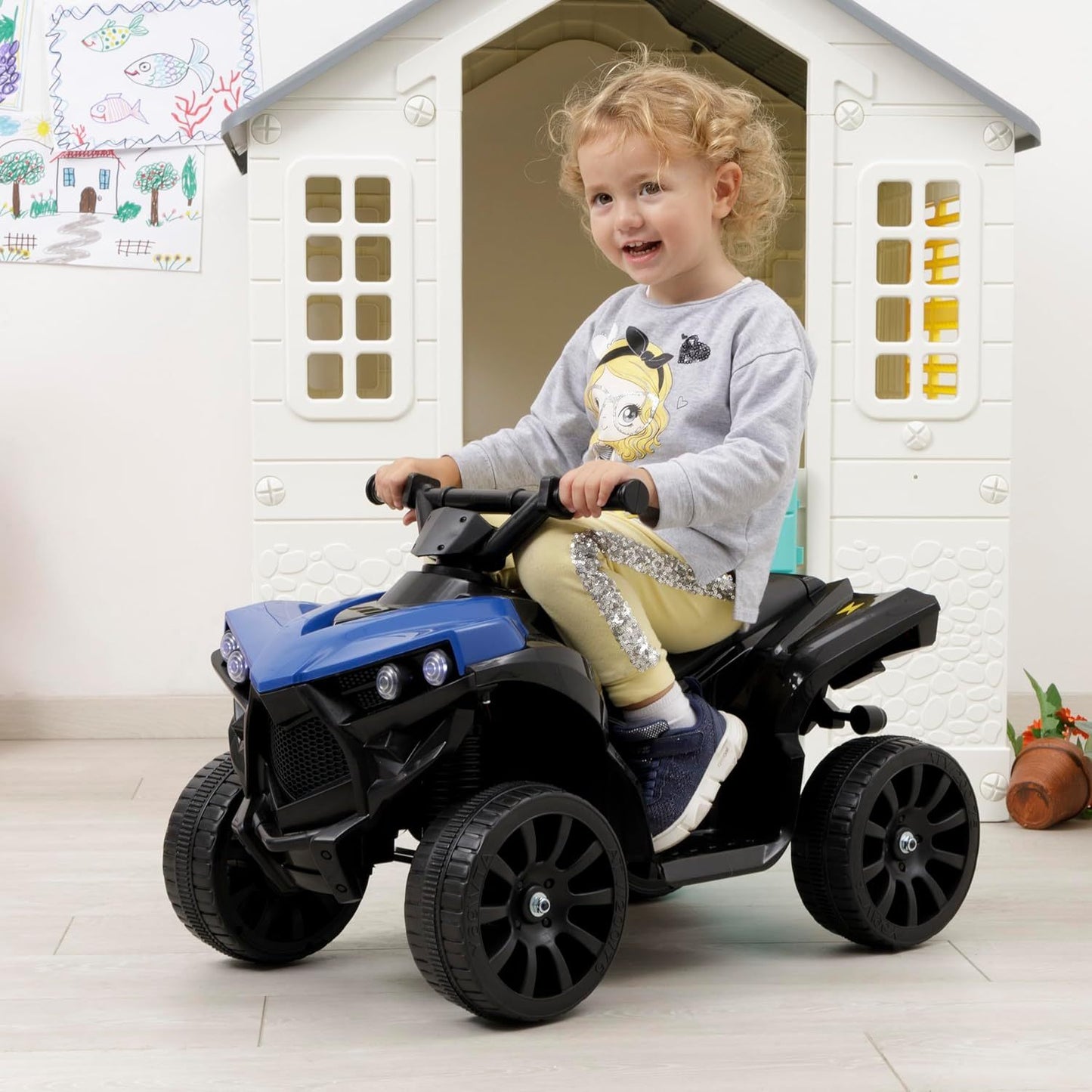 Baroni Toys Quad Elettrico per Bambini 3+ anni con Manubrio Sterzante, Musica e Luci Funzionanti, Quad con Modalità Avanti/Retro, Facile da Montare, 70x42x45 cm