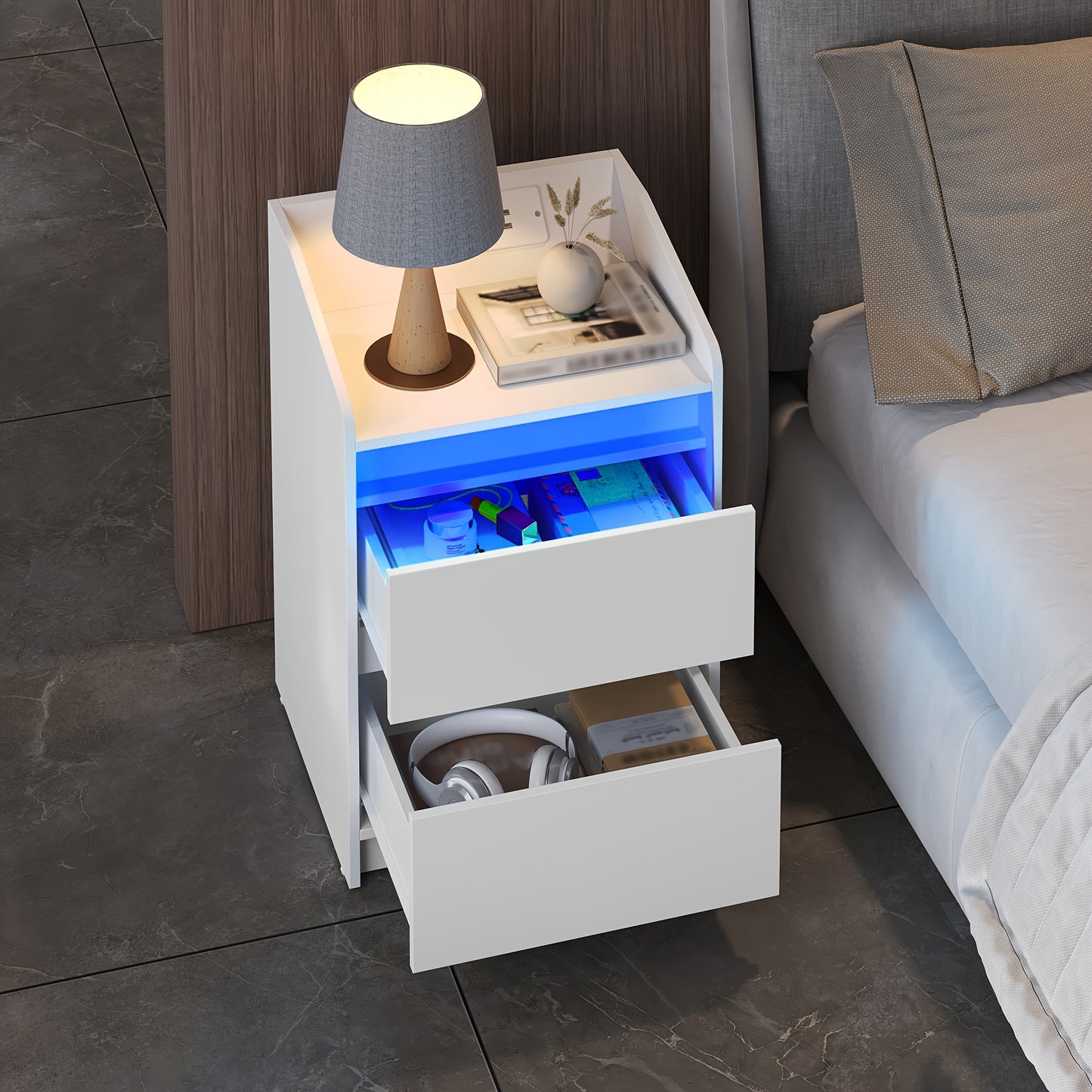 Comodino con 2 Cassetti, Tavolino Laterale, Elegante e Versatile, Ideale per Soggiorno e Camera da Letto, Nero/Bianco