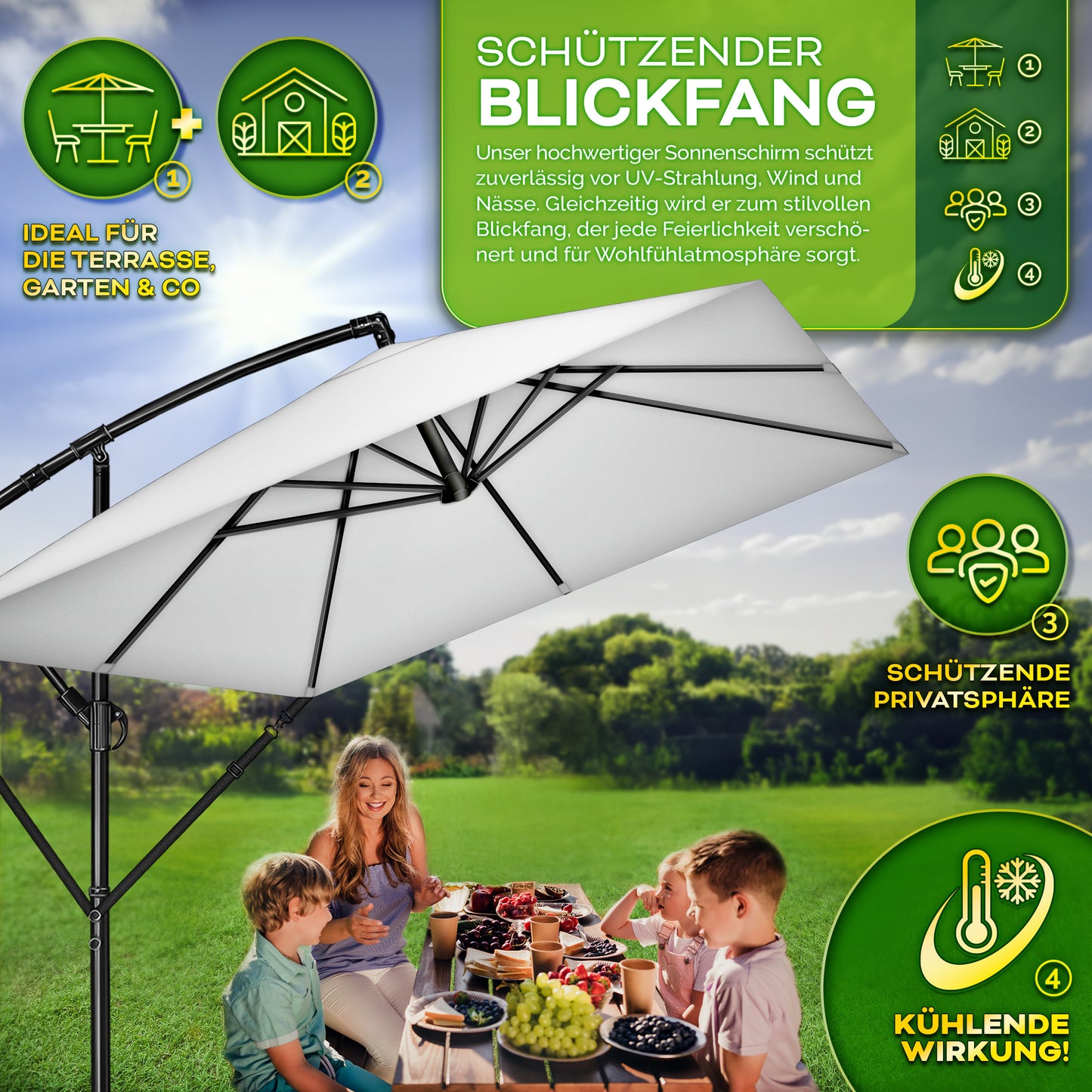 Tillvex® Parasole Rettangolare in Alluminio Ø 330 Cm + Copertura con Manovella | Schermo Angolare a Luce Rossa con Supporto & Parabrezza | Grande Parasole da Giardino in Alluminio Protezione UV | Schermo con Manovella Impermeabile Girevole a 360° per Terr