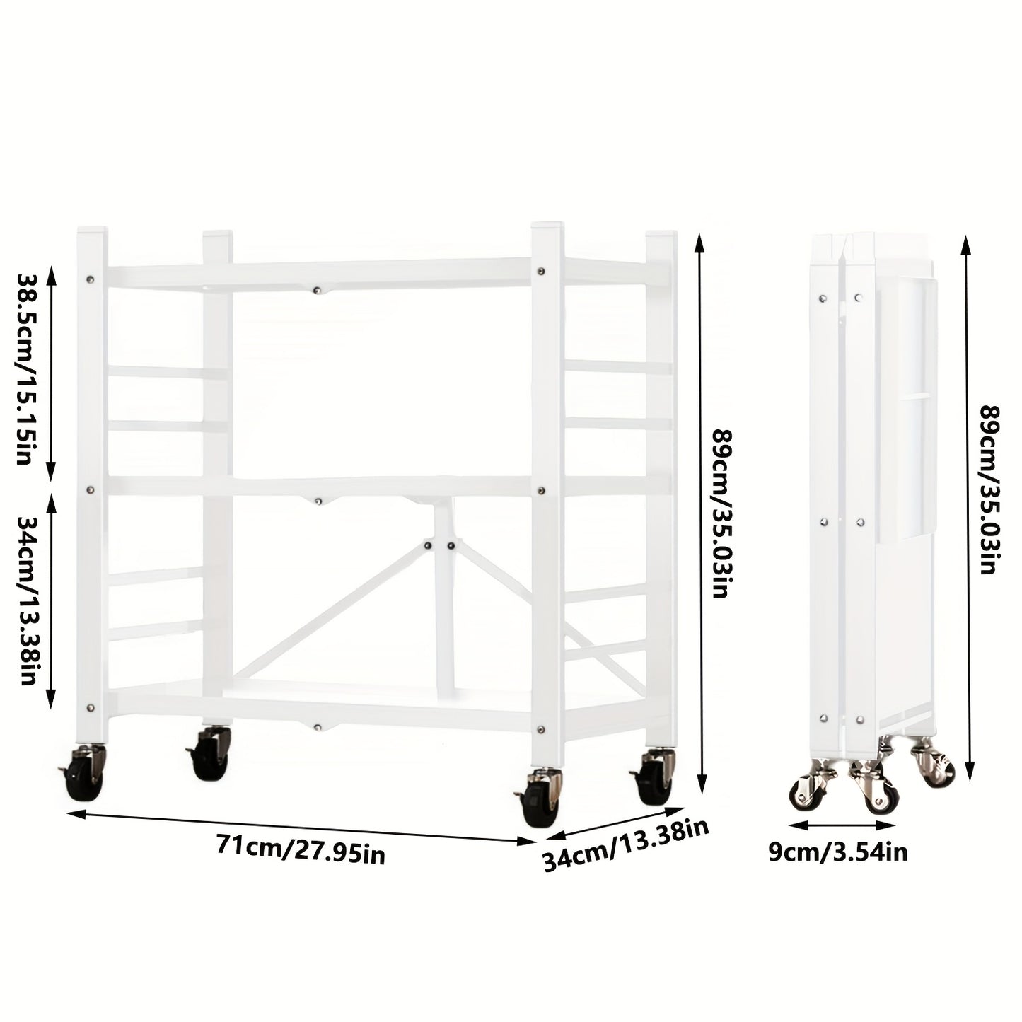 Scaffale da cucina dorato a 3 ripiani con ruote, scaffale pieghevole, scaffale da cucina mobile, scaffale verticale, nessuna installazione richiesta, scaffale da cucina e carrello mobile, adatto per dispensa o ufficio (Nero, Bianco)