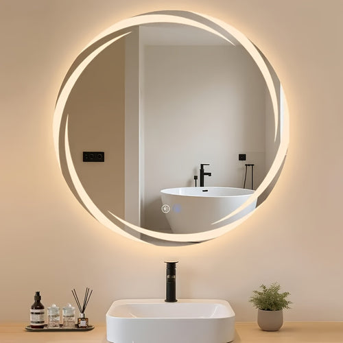 Specchio da Bagno Intelligente a Parete 60cm Diametro, LED Regolabile, Antiscivolo, Luce Fredda e Calda Cambiante, Specchio da Trucco a Parete, Specchio da Bagno, Hotel, Bagno, Specchio Decorativo