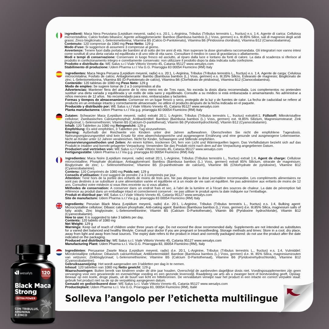 Maca Peruviana Nera Estratto Puro 20:1, 30.000 mg + Tribulus Terrestris + Arginina + Zinco | Black Maca Strong | Made In Italy | Maca Wesalys