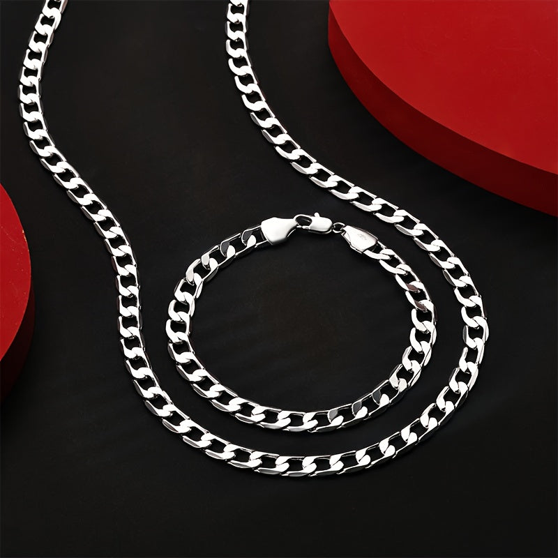 Set di gioielli placcati argento 925, collana a maglie cubane da 8 mm + braccialetto, gioielli minimalisti, regalo per San Valentino, Festa della Mamma, Festa del Papà, confezione regalo in scatola