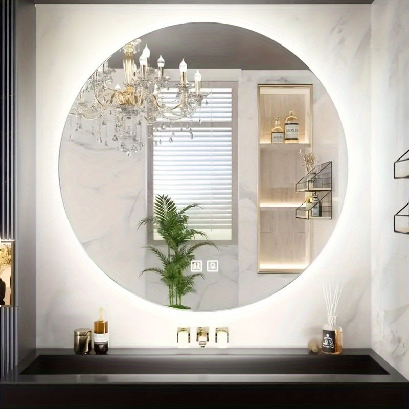 Specchio da bagno grande circolare retroilluminato con un diametro di 49,99 centimetri, adatto per hotel e uso domestico, inclusi i bagni. Viene fornito con un pulsante a pressione con funzione defogliante e un pulsante di illuminazione, imballaggio sicur