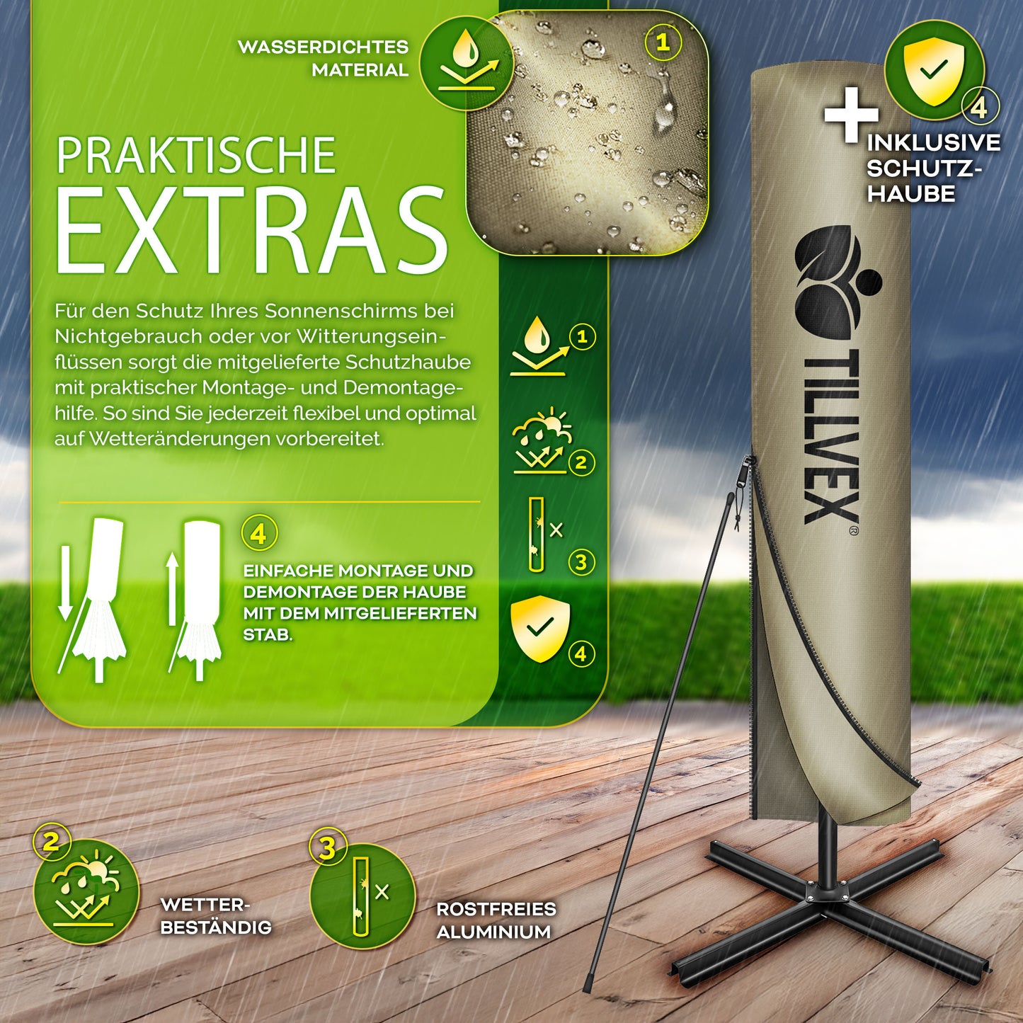 Tillvex® Tenda da Sole Rettangolare in Alluminio con LED Solare Ø 330 Cm + Copertura con Manovella | Ombrello Angolare con Luce Stradale, Supporto e Parabrezza | Grande Ombrello da Giardino in Alluminio con Protezione UV | Ombrello con Manovella, Ombrello