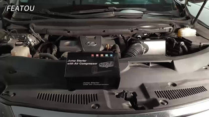 Power Bank Portatile 12V 6000A & Compressore d'Aria Avviatore con Ricarica Rapida e Cavo Intelligente - Booster Batteria 5-in-1 Adatto per Camion a Benzina 7.5L/Diesel 6.0L, Ricarica USB-C, Gonfiaggio Pneumatici, per Campeggio e Viaggi su Strada