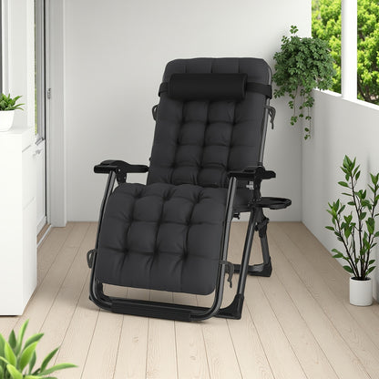 Poltrona Lounge Oversize a Gravità Zero, 72 cm Extra Larga, Reclinabile Pieghevole e Regolabile, Capacità 500 libbre/200 kg, Cuscino Morbido in Cotone Staccabile con Poggiatesta, Portabicchieri, Nero Grigio, per Giardino, Terrazza, Balcone, Patio Esterno