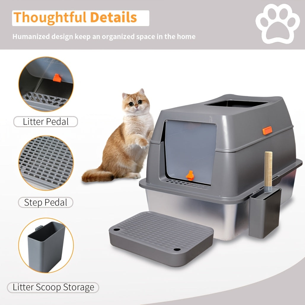 Lettiera per gatti extra large in acciaio inossidabile con coperchio - Misura XL, sponde alte, a prova di perdite, design facile da pulire, include paletta - Adatta per più gatti e razze di grandi dimensioni