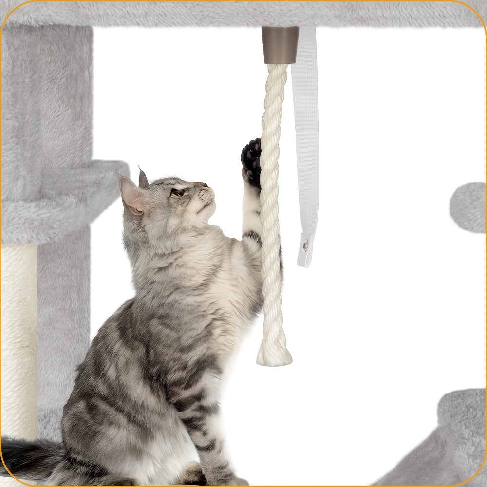 Tiragraffi per Gatti con Ampia Piattaforma, 178 Centimetri, 2 Grotte, 7 Pali per Graffiare, Palline di Peluche, Sedia a Dondolo, Amaca, Adatto a Tutte le Razze di Gatti, Grigio Chiaro, Grigio Scuro/Beige