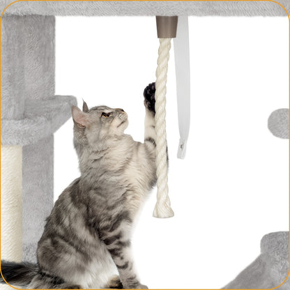 Tiragraffi per Gatti con Ampia Piattaforma, 178 Centimetri, 2 Grotte, 7 Pali per Graffiare, Palline di Peluche, Sedia a Dondolo, Amaca, Adatto a Tutte le Razze di Gatti, Grigio Chiaro, Grigio Scuro/Beige