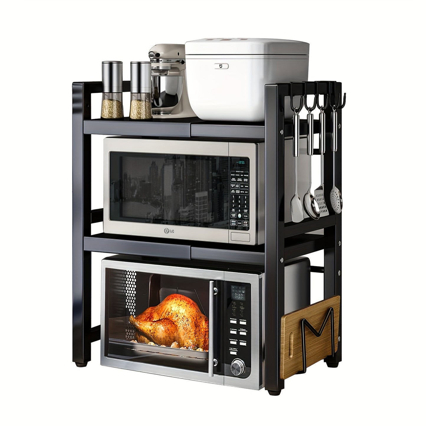 Scaffale per Microonde 3 Ripiani Estendibile con 6 Ganci, Mensola da Cucina, Porta Spezie, Organizzatore per Armadio Microonde, Nero, Estendibile da 40 a 64 cm