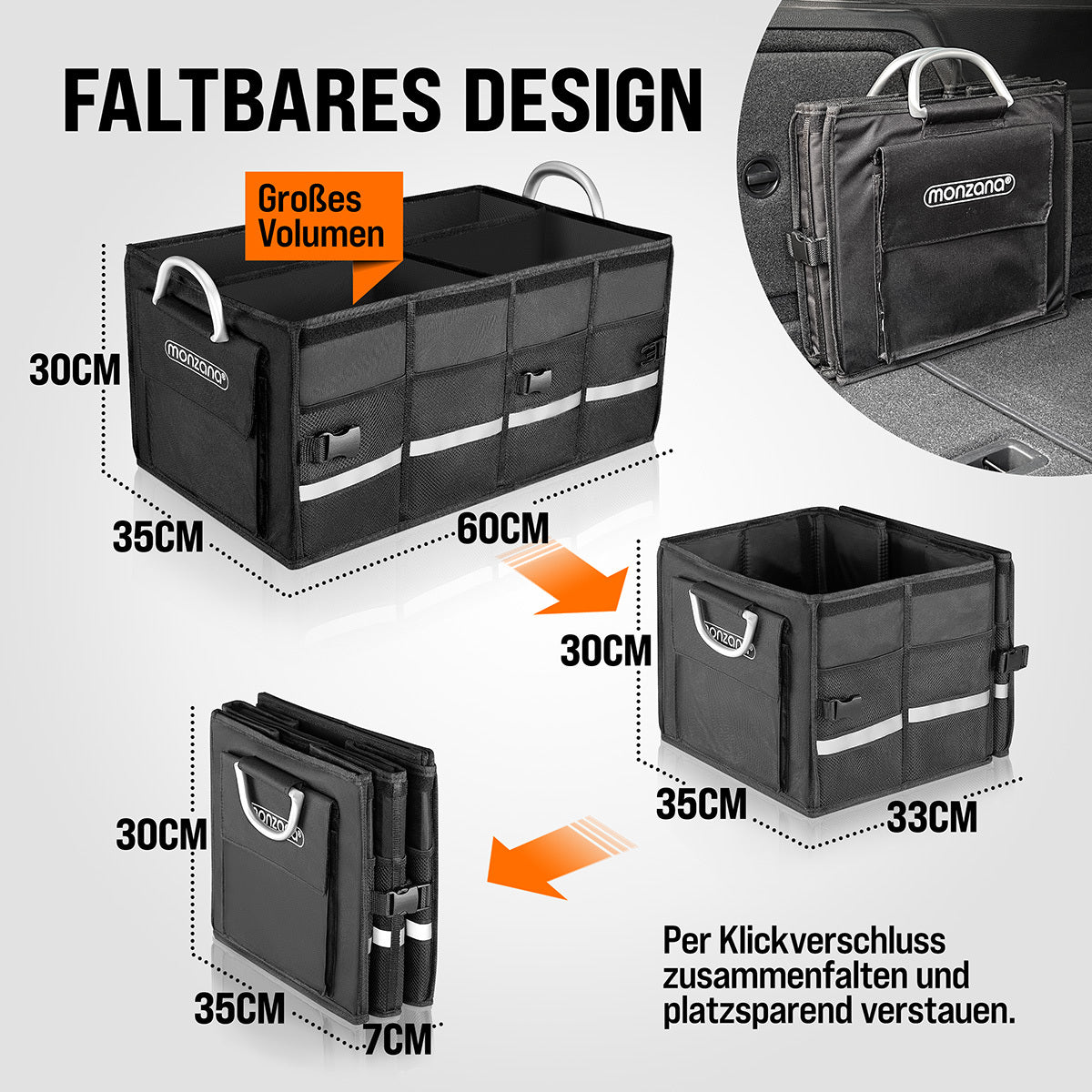 MONZANA® Borsa Bagagliaio Organizer Coperchio 68L Impermeabile Divisori Pieghevole Pareti Rinforzate Antiscivolo Borsa Auto 60X35X30Cm