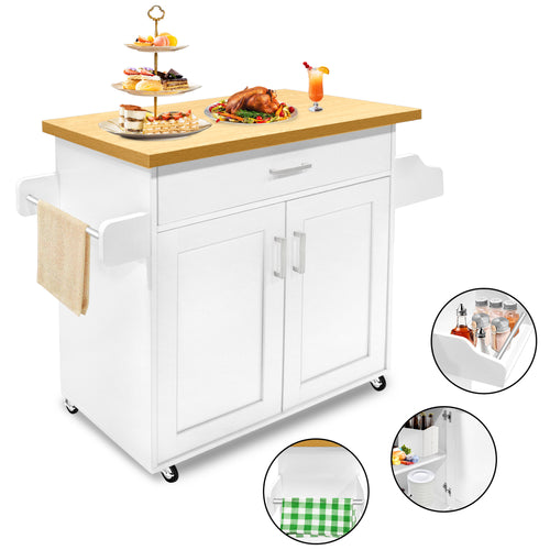 Carrello da cucina multiuso con misure 115 x 36 x 90 cm, dotato di ruote a 360° e ripiani per spezie, in colore bianco