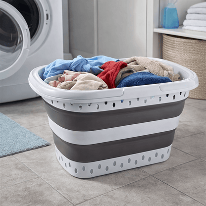 Cesto per il Bucato Retrattile e Pieghevole con Maniglie - 45 Litri - Bianco Grigio