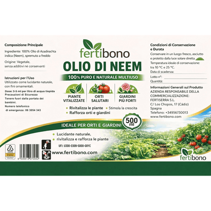 FERTIBONO Olio di Neem 100% Puro, 500 ml, Spremuto a Freddo | Multiuso per Piante, Orto e Giardino