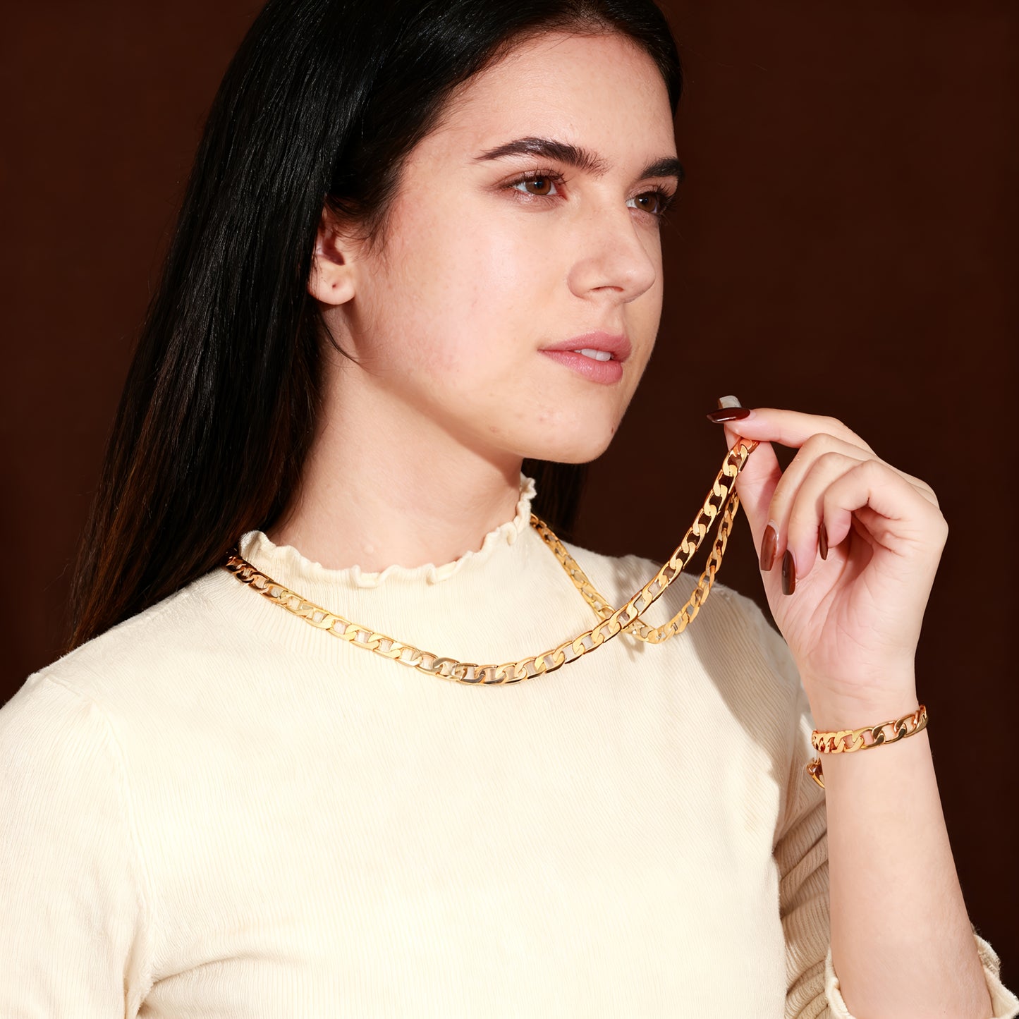 Magazzino Locale, Argento 925, Set Due Pezzi Dorato (Bracciale, Collana), Grammage Argentato 10G, Stile Hip Hop Street, Regalo Perfetto, Bellissima Confezione Regalo Offerta