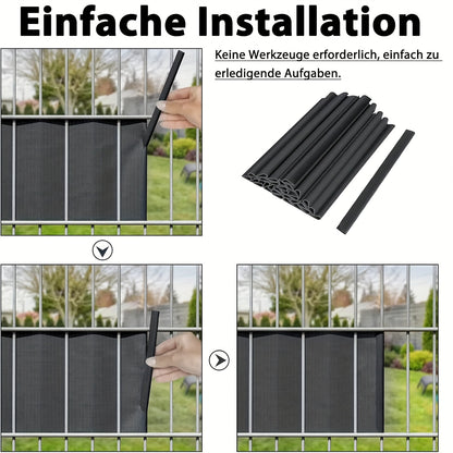 72 pezzi di strisce oscuranti in PVC con guide di fissaggio, progettate per essere utilizzate come schermatura antivento o oscurante per giardini e recinzioni, inclusi clip di fissaggio per recinzioni a doppio filo in colore antracite