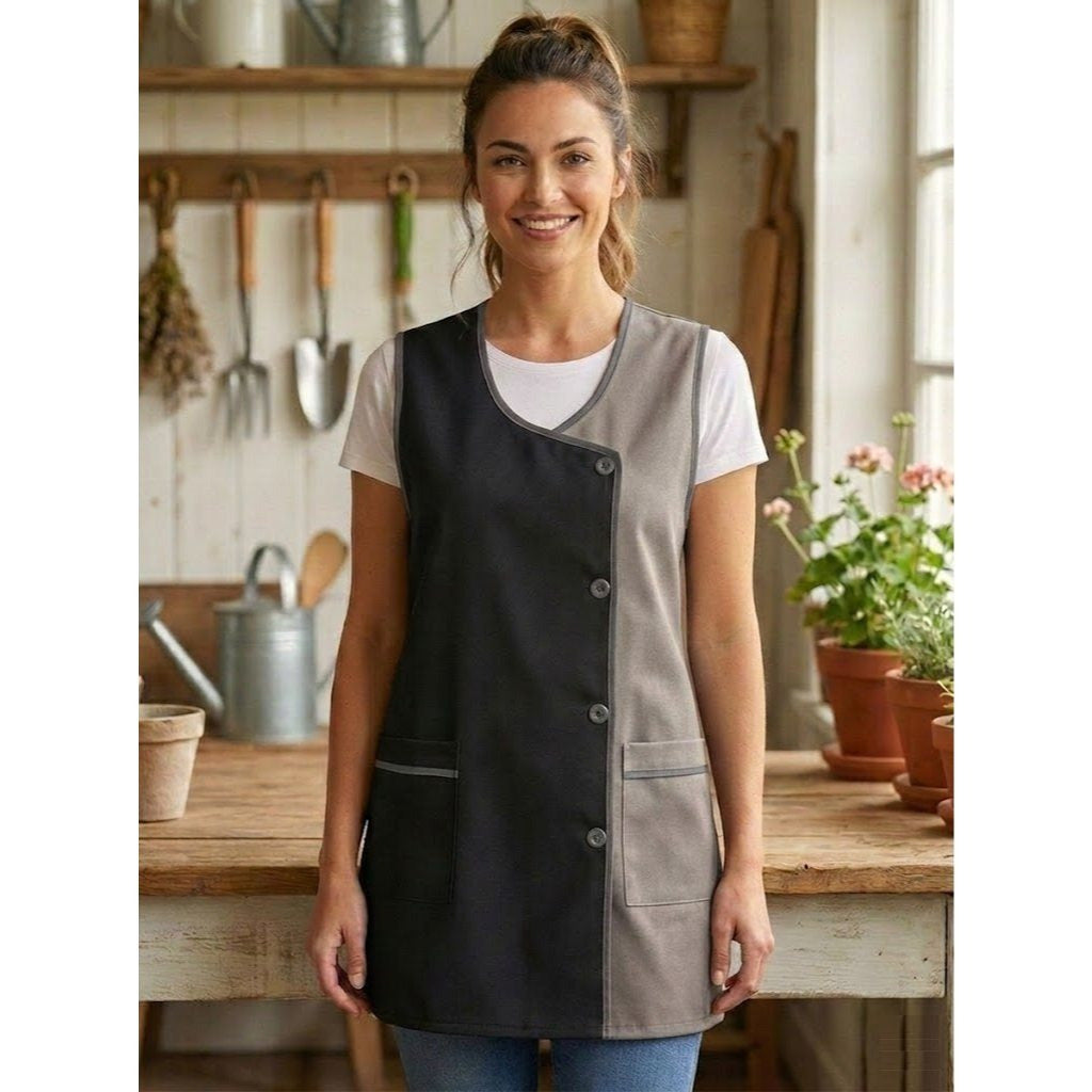 Grembiule da cucina liscio da donna, confortevole e resistente, dettagli moderni e funzionali: tasche frontali e bottoni frontali Utilizzo: cucina, casa, lavoro e attività quotidiane
