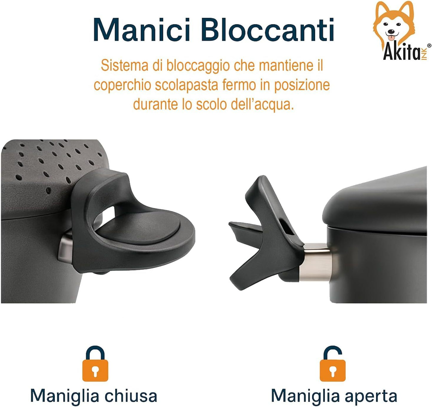 Akitaink Pentola 22cm 5L con Scolapasta Integrato Scoli’ - Pentola Antiaderente in Alluminio con Maniglie Bloccanti, Sicura, Pratica e Facile da Pulire, Scolì Made in Italy