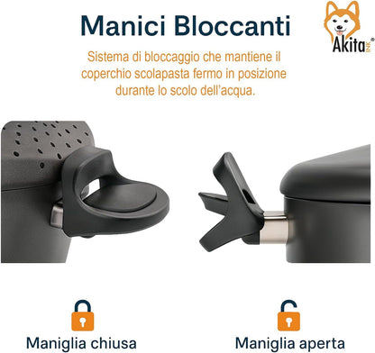 Akitaink Pentola 22cm 5L con Scolapasta Integrato Scoli’ - Pentola Antiaderente in Alluminio con Maniglie Bloccanti, Sicura, Pratica e Facile da Pulire, Scolì Made in Italy