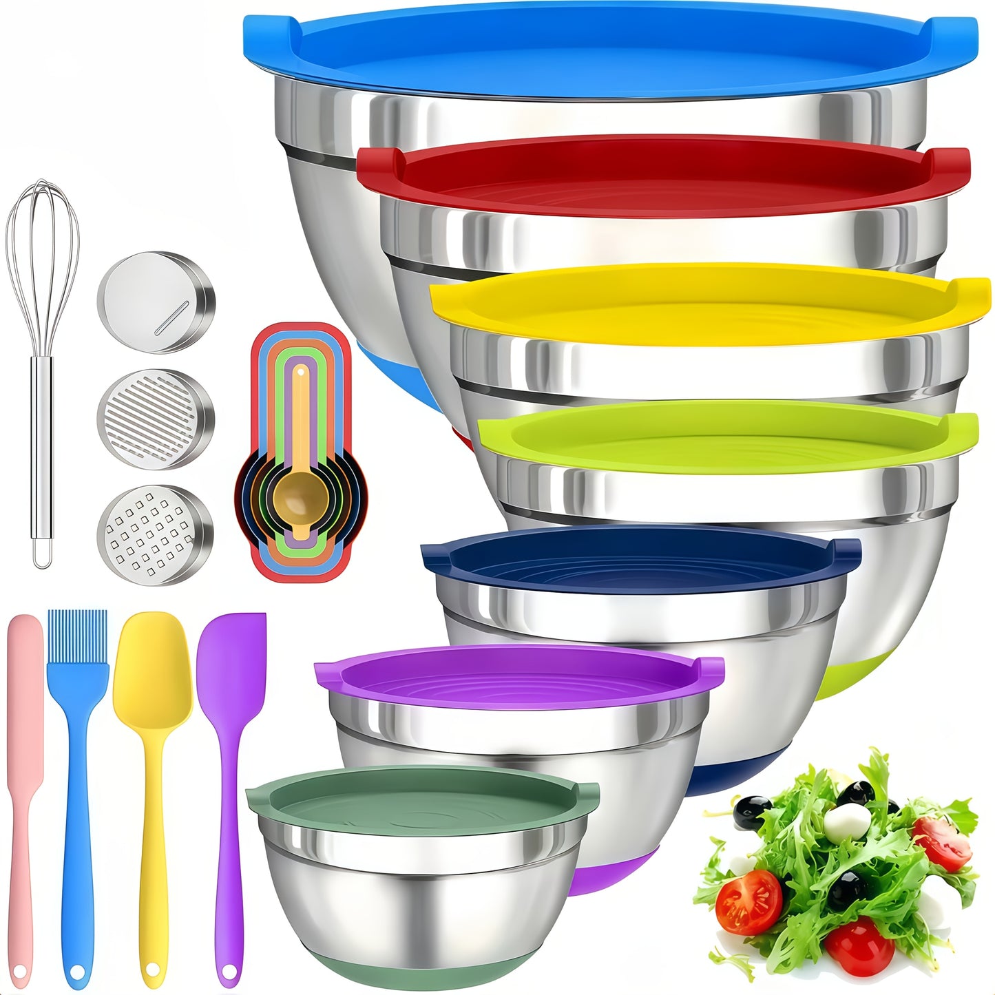 Set da 22 pz/10 pz di Ciotole per Insalata Avanzate in Acciaio Inossidabile con Coperchi, Base della Ciotola in Silicone Aggiornata, Gruppo di Ciotole per Insalata Impilabili, Lavabili in Lavastoviglie, 5L, 4.5L, 4L, 2.4L, 1.7L, 1.3L, 0.8L, Confezione Mis