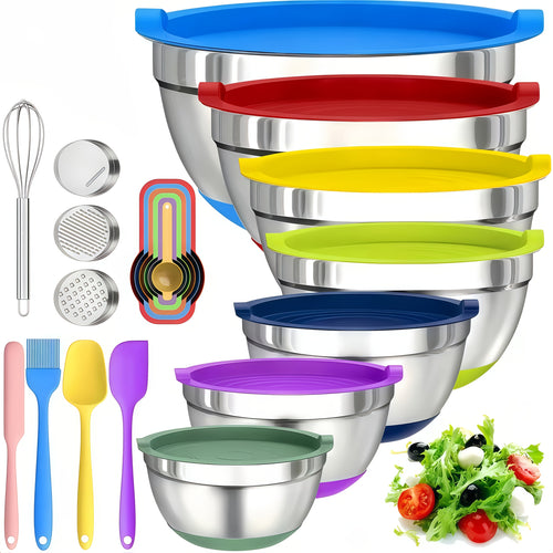 Set da 22 pz/10 pz di Ciotole per Insalata Avanzate in Acciaio Inossidabile con Coperchi, Base della Ciotola in Silicone Aggiornata, Gruppo di Ciotole per Insalata Impilabili, Lavabili in Lavastoviglie, 5L, 4.5L, 4L, 2.4L, 1.7L, 1.3L, 0.8L, Confezione Mis