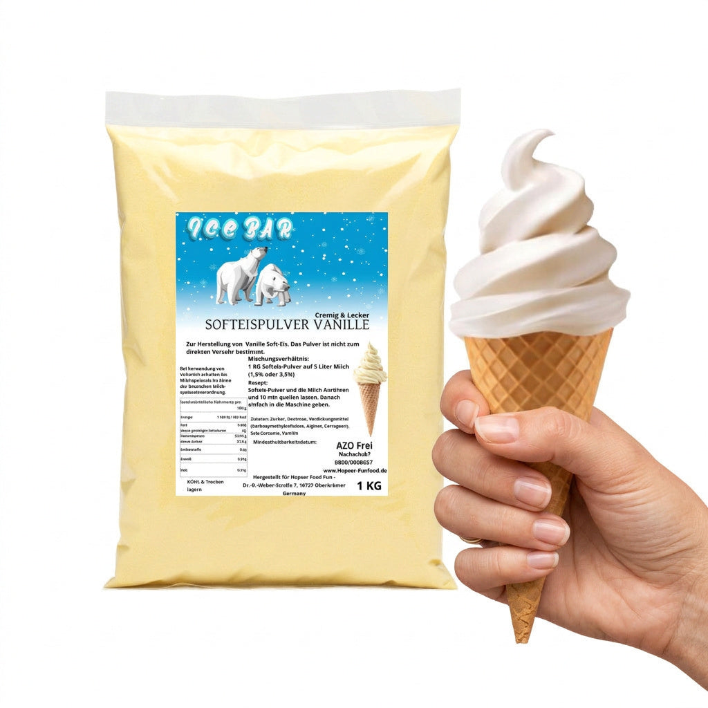 Hopser Funfood Polvere per Gelato Soft Serve alla Vaniglia 1 kg – Polvere Crema per Gelato Soft Serve per Macchina per Gelato | Cool Freeze Power-Soft-Plus | Prodotto in Germania Vaniglia
