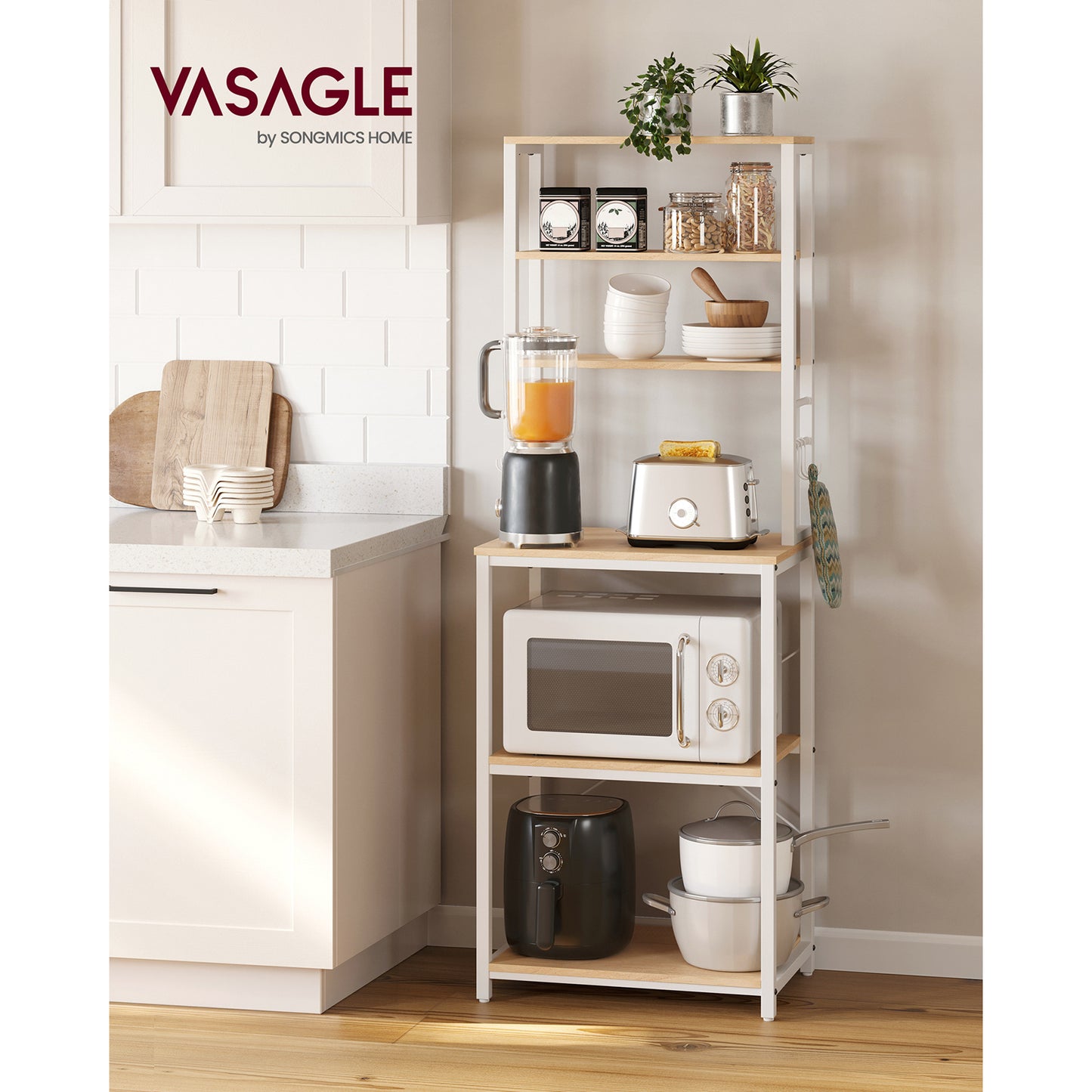 VASAGLE Scaffale Portaoggetti da Cucina, Stazione Caffè, Griglia da Forno, con 6 Ripiani e 6 Ganci, Adatto per Microonde, Struttura in Acciaio, Stile Industriale, Dimensioni 40 X 60 X 167 Cm