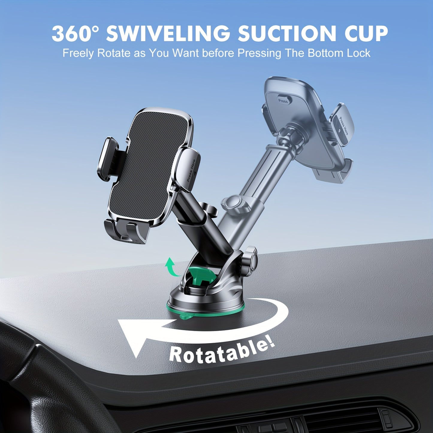 Supporto per Telefono Auto BABACOM [Ventosa Forte e Base Robusta], con Tecnologia di Presa Superiore, Porta Cellulare Rotabile 360° per Cruscotto o Scrivania, Compatibile con Cellulari da 10.16cm a 17.78cm