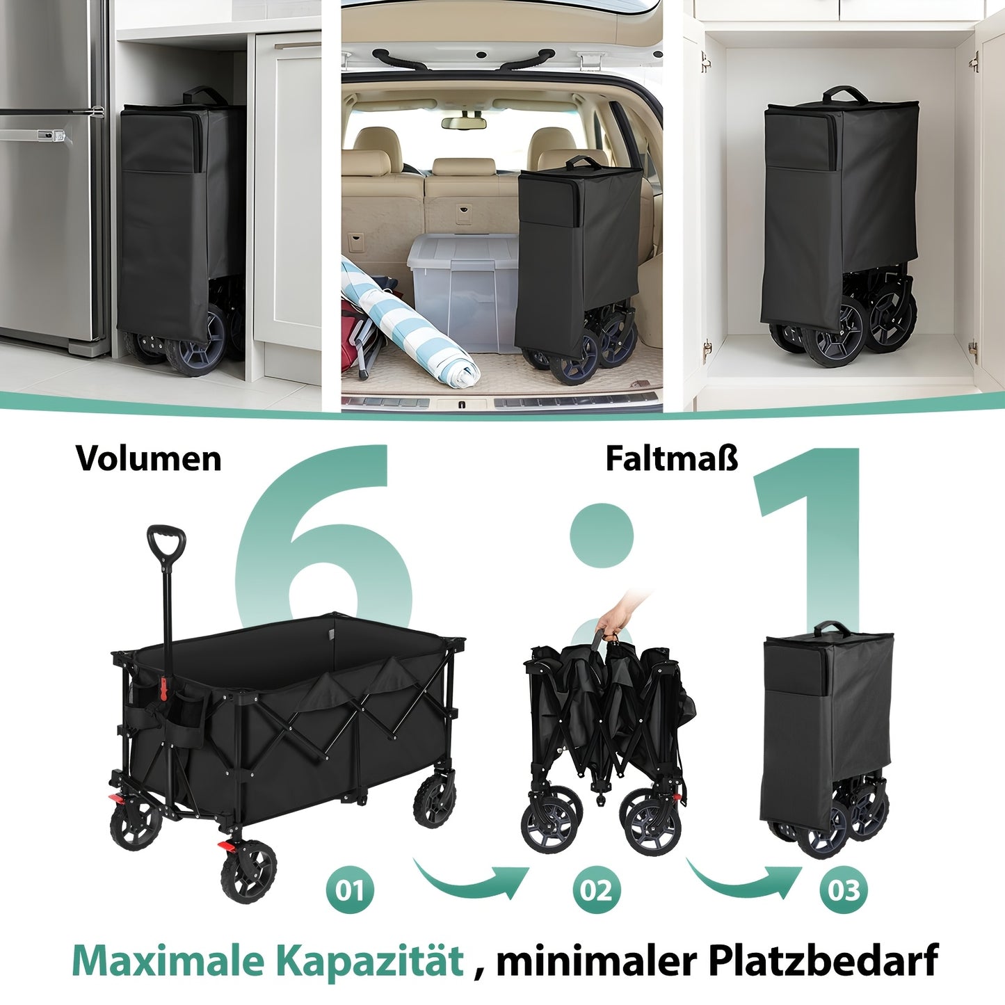 Carrello pieghevole XXL Plus 200L, capacità di carico 300KG, carrello pieghevole adatto per uso fuoristrada con freni, carrello pieghevole in quattro direzioni, verde oliva/grigio/blu/nero