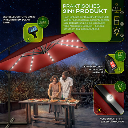 Tillvex® Tenda da Sole Rettangolare in Alluminio con LED Solare Ø 330 Cm + Copertura con Manovella | Ombrello Angolare con Luce Stradale, Supporto e Parabrezza | Grande Ombrello da Giardino in Alluminio con Protezione UV | Ombrello con Manovella, Ombrello