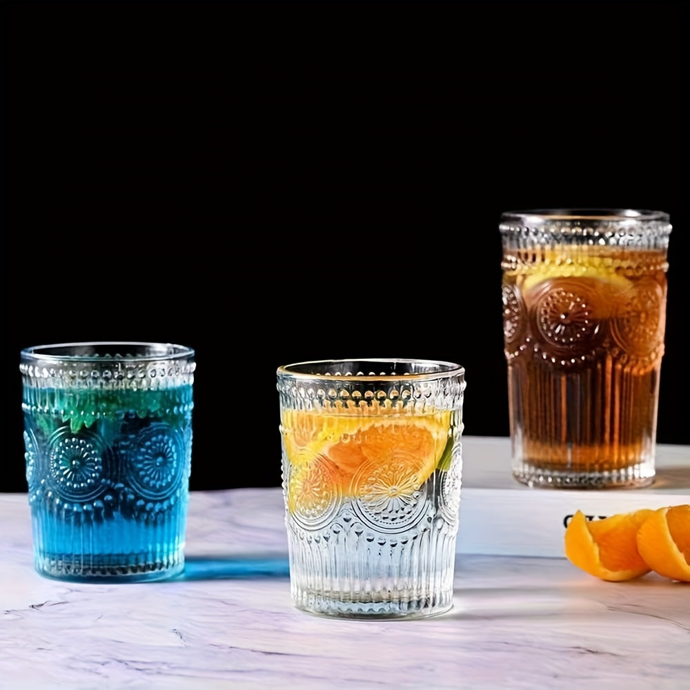 Magazzino Locale, 8 pezzi di bicchieri d'acqua romantici in vetro, bicchieri con motivo a girasole, bicchieri retrò, adatti per succhi, bevande, birra, cocktail 300ml/10oz