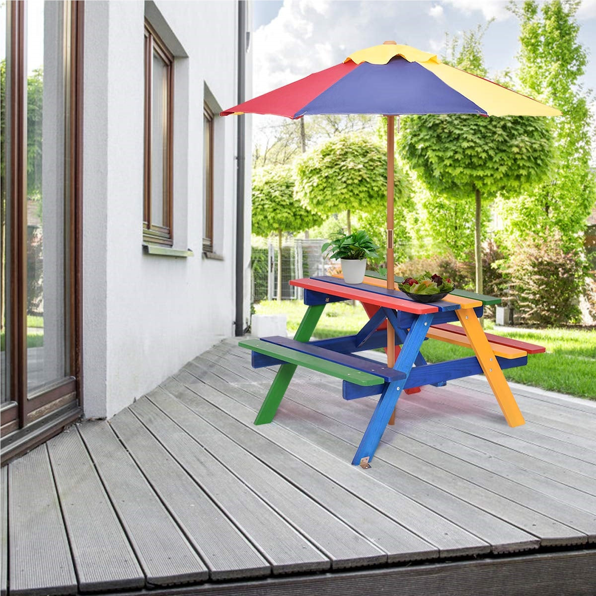 Set di Sedute per Bambini con Parasole, Mobili da Esterno in Legno Massello, Tavolo da Picnic per Bambini, Gruppo di Sedute da Giardino, Arredamento da Esterno per Giardino