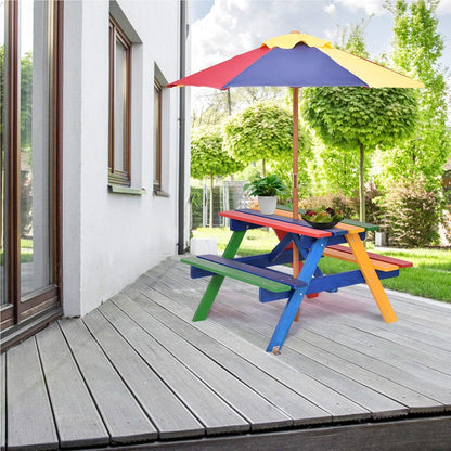 Set di Sedute per Bambini con Parasole, Mobili da Esterno in Legno Massello, Tavolo da Picnic per Bambini, Gruppo di Sedute da Giardino, Arredamento da Esterno per Giardino