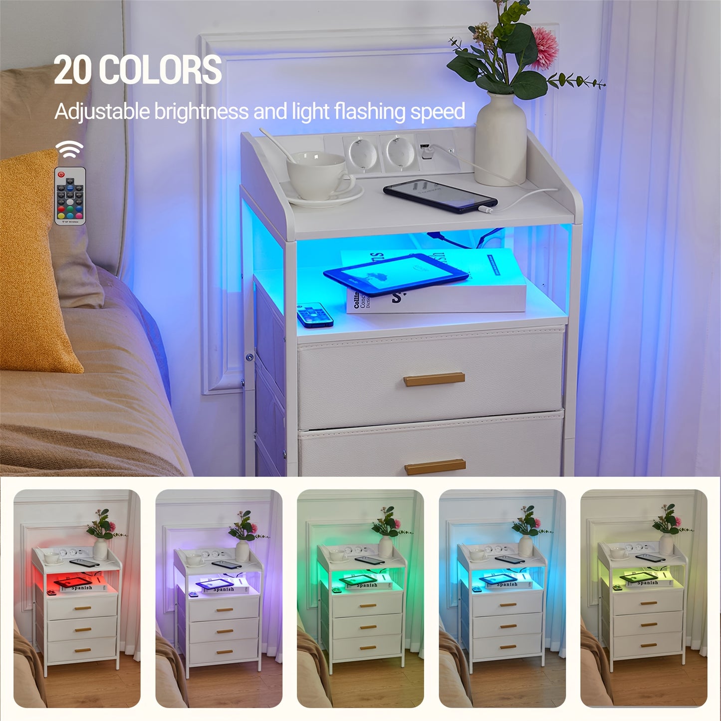 Tavolino da comodino con luci LED e stazione di ricarica, tavolino laterale con 3 cassetti in tessuto e ripiani, con porte USB e prese, per camera da letto, soggiorno