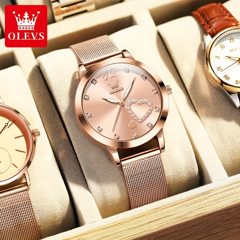 OLEVS Orologio da Donna Moda Oro Rosa Strass Orologio da Donna per Donne Cinturino a Rete Lusso Abito Cuori Damigelle Quarzo Luminoso Data Orologi da Polso da Donna Quadrante Nero/Bianco/Rosso/Rosa