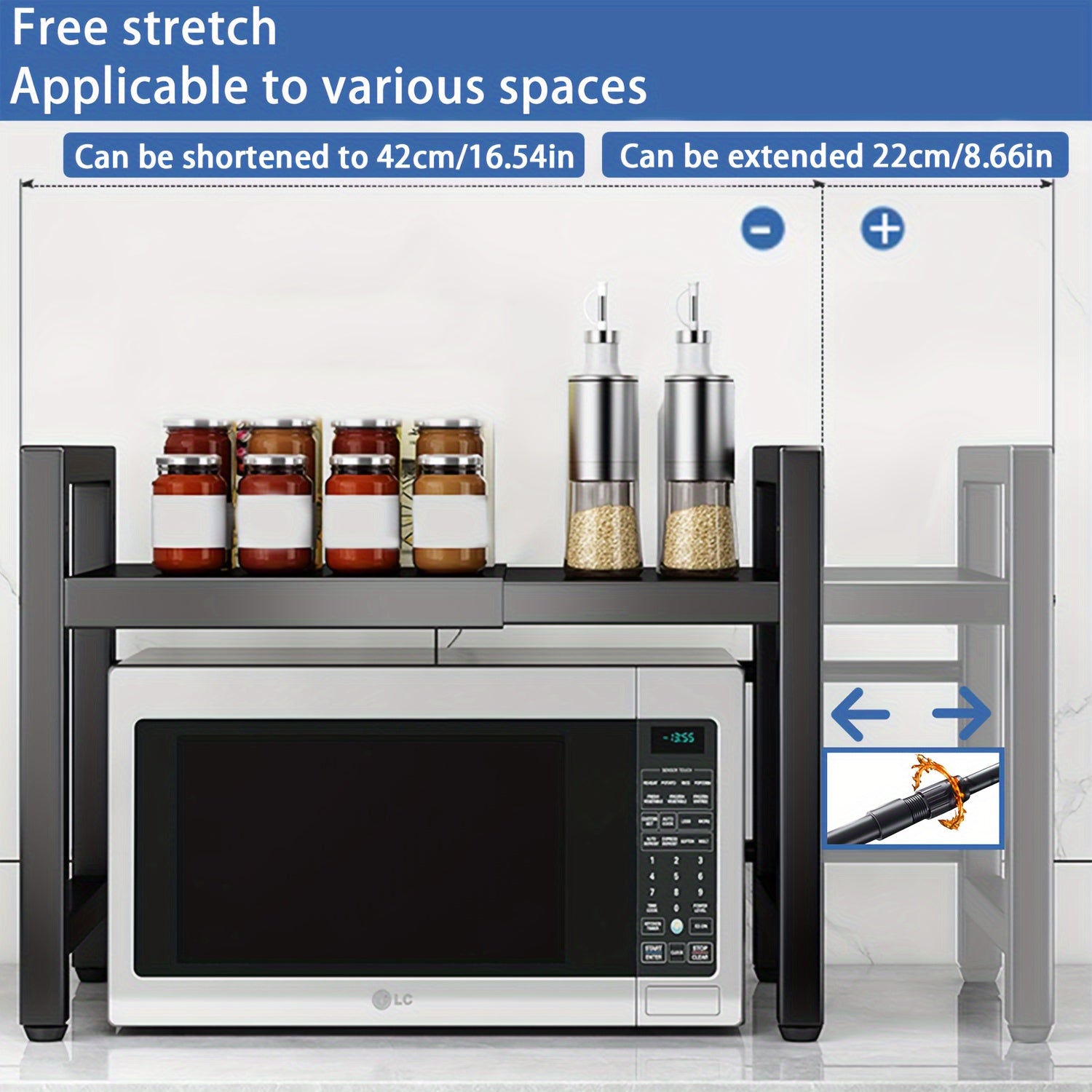 Scaffale Estensibile per Microonde, Scaffale a 2 Ripiani per Microonde con 3 Asciugamani, 5 Ganci, Porta Bacchette e Porta Tagliere, Organizer da Cucina, Scaffale per Cottura a Microonde, Piano di Lavoro, Estensibile 40-64 Cm (Nero, Bianco)