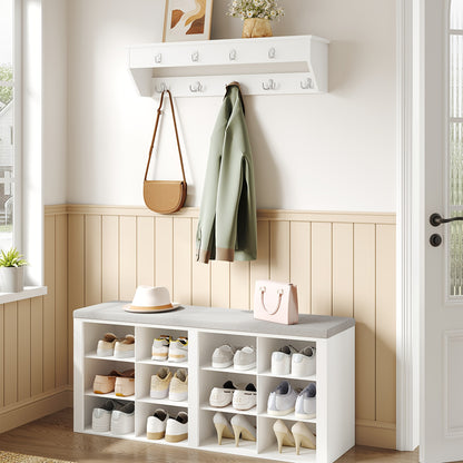 Set scarpiera per armadio, appendiabiti, divanetto scarpe con cuscino, divano d'ingresso, organizzazione e stoccaggio, 30 X 104 X 49 cm, appendiabiti a parete con 9 ganci, camera da letto, area ingresso, bianco e grigio