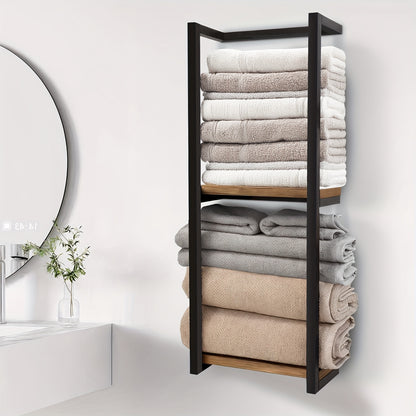 Mensola Salvaspazio per Bagno - Combo Multifunzionale Acciaio/Legno, Porta Asciugamani da Parete con Porta Essenziali | Stoccaggio Compatto per Bagni Piccoli, Appartamenti, Dormitori, Porta Asciugamani