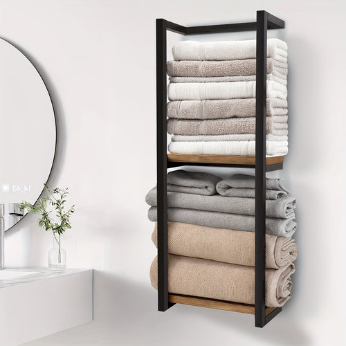 Mensola Salvaspazio per Bagno - Combo Multifunzionale Acciaio/Legno, Porta Asciugamani da Parete con Porta Essenziali | Stoccaggio Compatto per Bagni Piccoli, Appartamenti, Dormitori, Porta Asciugamani
