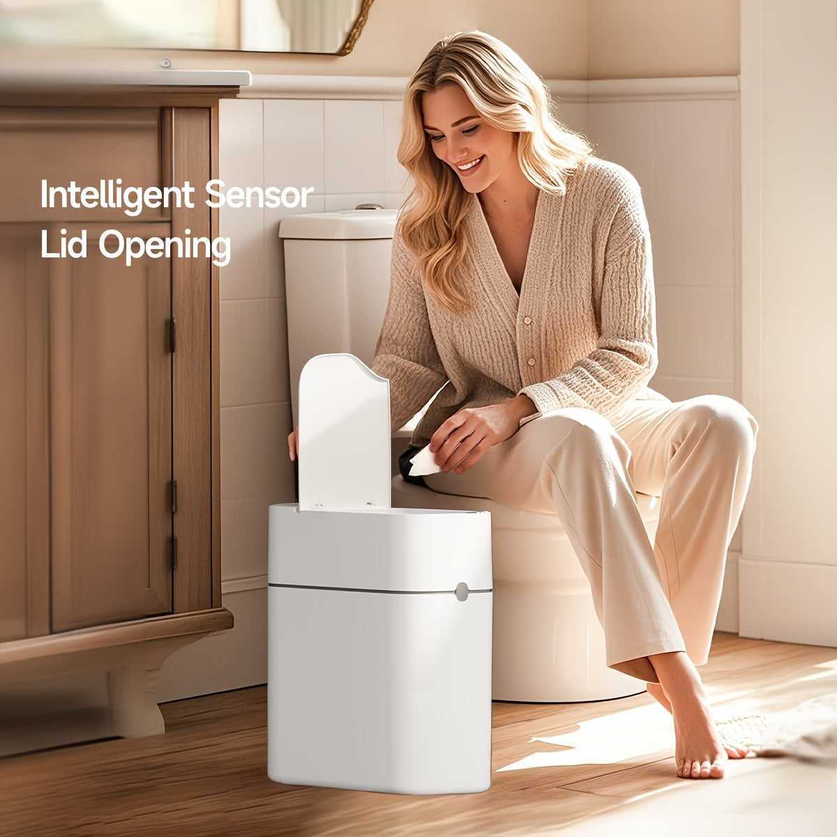 Cestino Sensore Piccolo per Bagno, Bianco con Coperchio, Cestino Intelligente per Bagno, Prodotti per la Casa, Consigliato per Cucina, Bagno, Camera da Letto