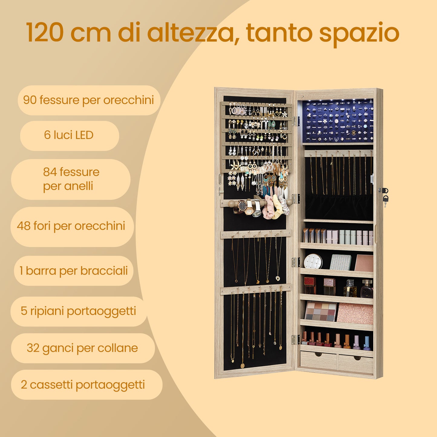 Armadietto Portagioie da Parete o Porta, con Specchio e 6 Lampadine LED, Serratura