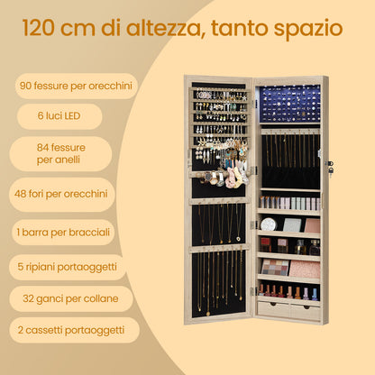 Armadietto Portagioie da Parete o Porta, con Specchio e 6 Lampadine LED, Serratura