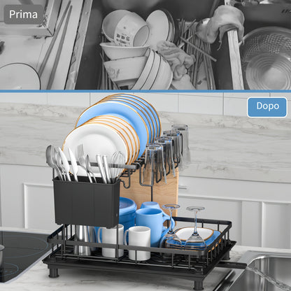 Scolapiatti a 2 piani grande capacità, multifunzionale e antiruggine per piano di lavoro cucina con porta utensili, portabicchieri, nero