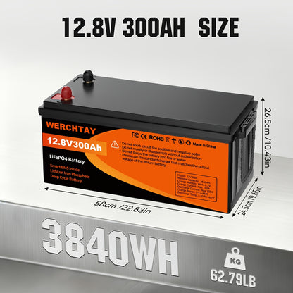 Batteria WERCHTAY 12.8V LiFePO4 300/200/100Ah, Dotata di Celle di Batteria di Grado A+, Oltre 25000 Cicli di Scarica Profonda, Protezione Intelligente BMS da Sovraccarica/Sottocarica, per Accumulo Energetico Domestico, Camper da Esterno, Applicazioni Sola